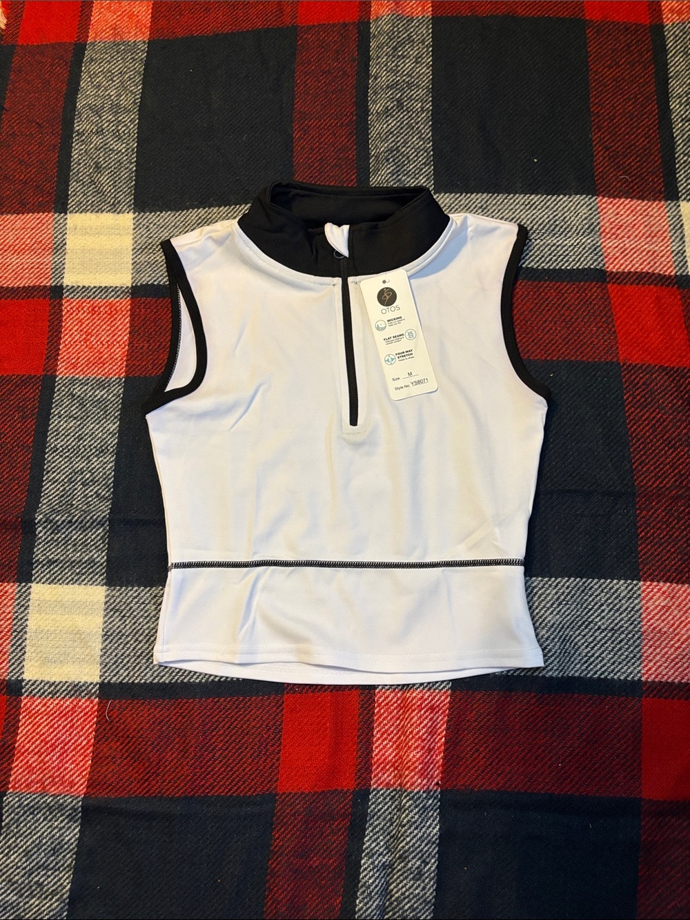 Sleeveless White Zip Mock Neck Tank Top with Black Trim